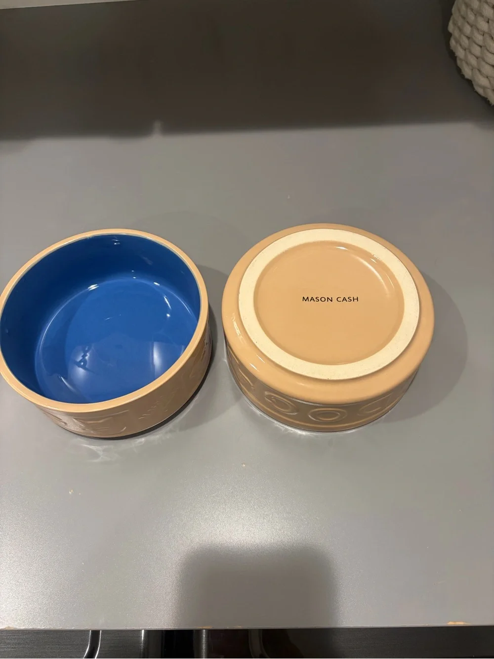 Mason Cash Cane & Blue Lettered Stoneware Dog Bowls